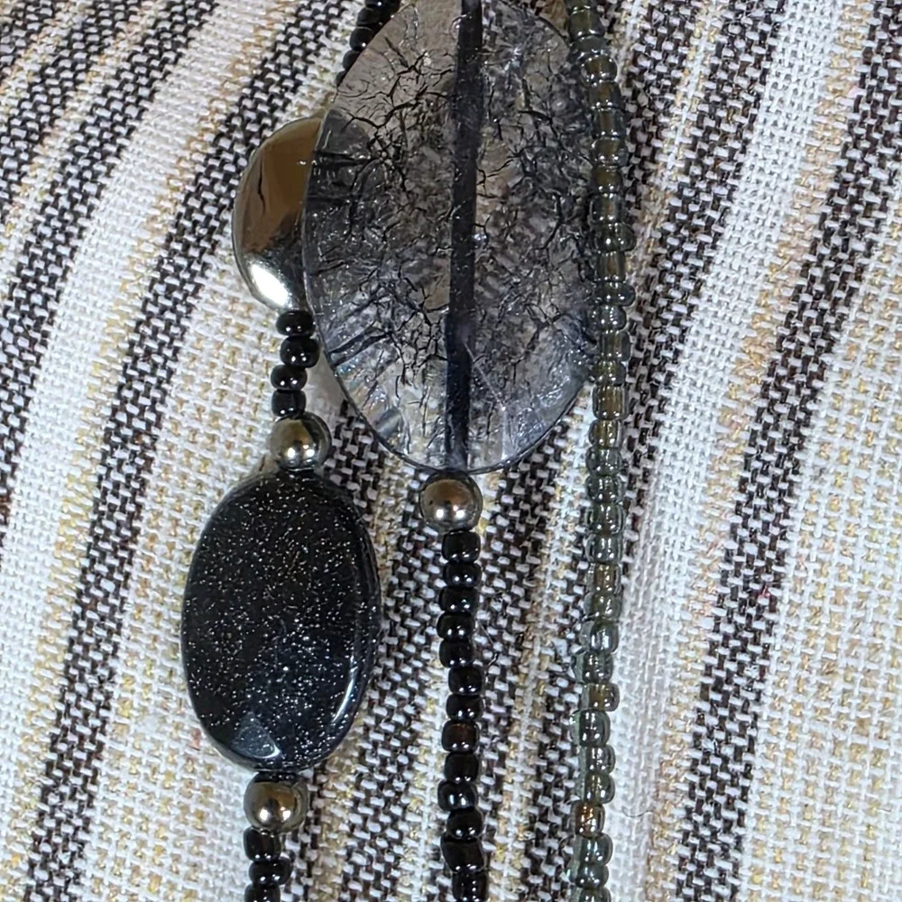 Long Layered Beaded Necklace Black Grey Oval Stones Statement Pendant whimsygoth